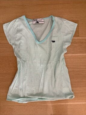 MAISON KITSUNE Mint & White Striped V-Neck Tee for women